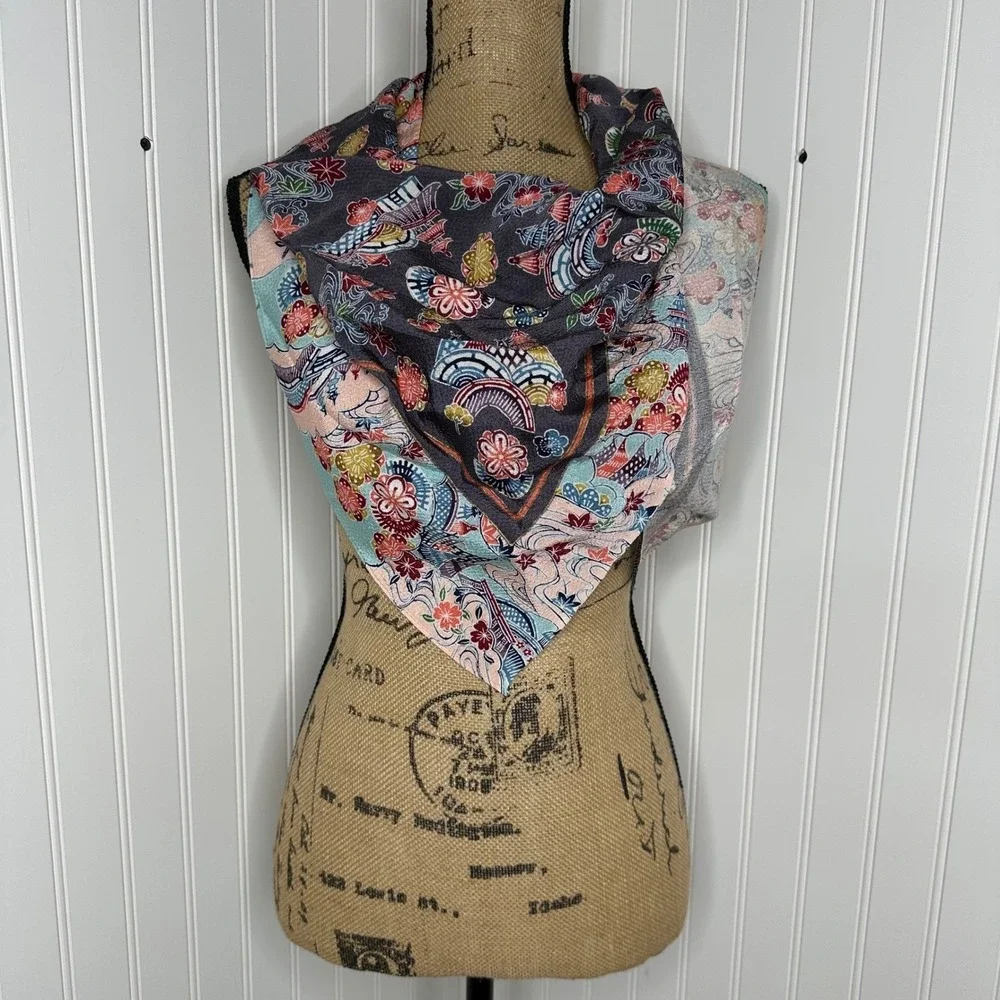 Ryukyu Bingata Japanese Square Scarf Silk Rayon Black Pink‎ Floral Spring 27x27